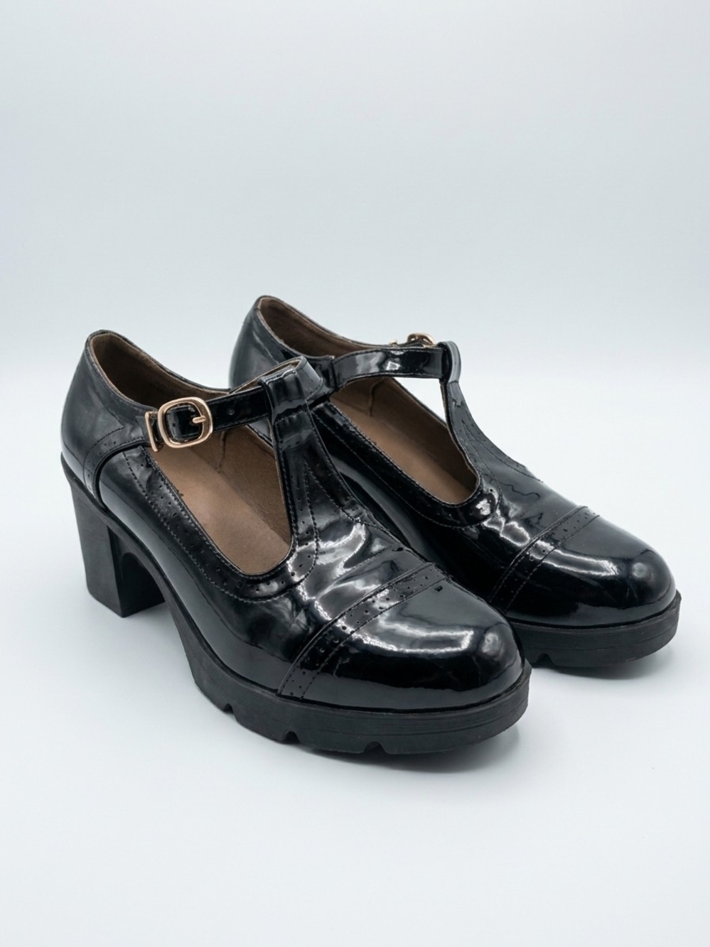 Black Patent T-Strap Chunky Heel Pumps